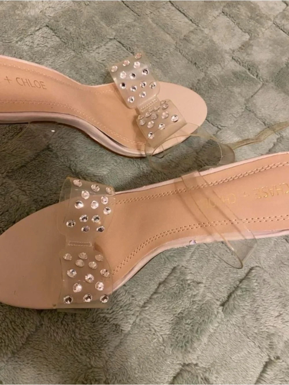 Chase + Chloe Nude Clear Bow Slide Sandals with Crystal Accents